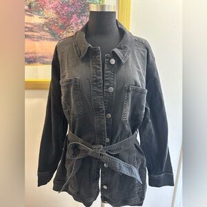 NWOT ISAAC MIZRAHI LIVE! Black Charcoal Denim belted tie waist jacket XL to 1X